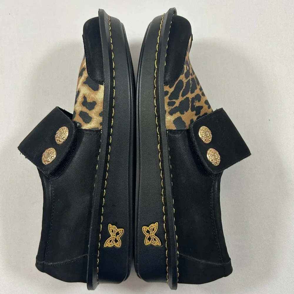 Alegria Loafers Womens 37 / 7 Black Sarah Leopard Animal Print Leather Hook Loop - Picture 9 of 11